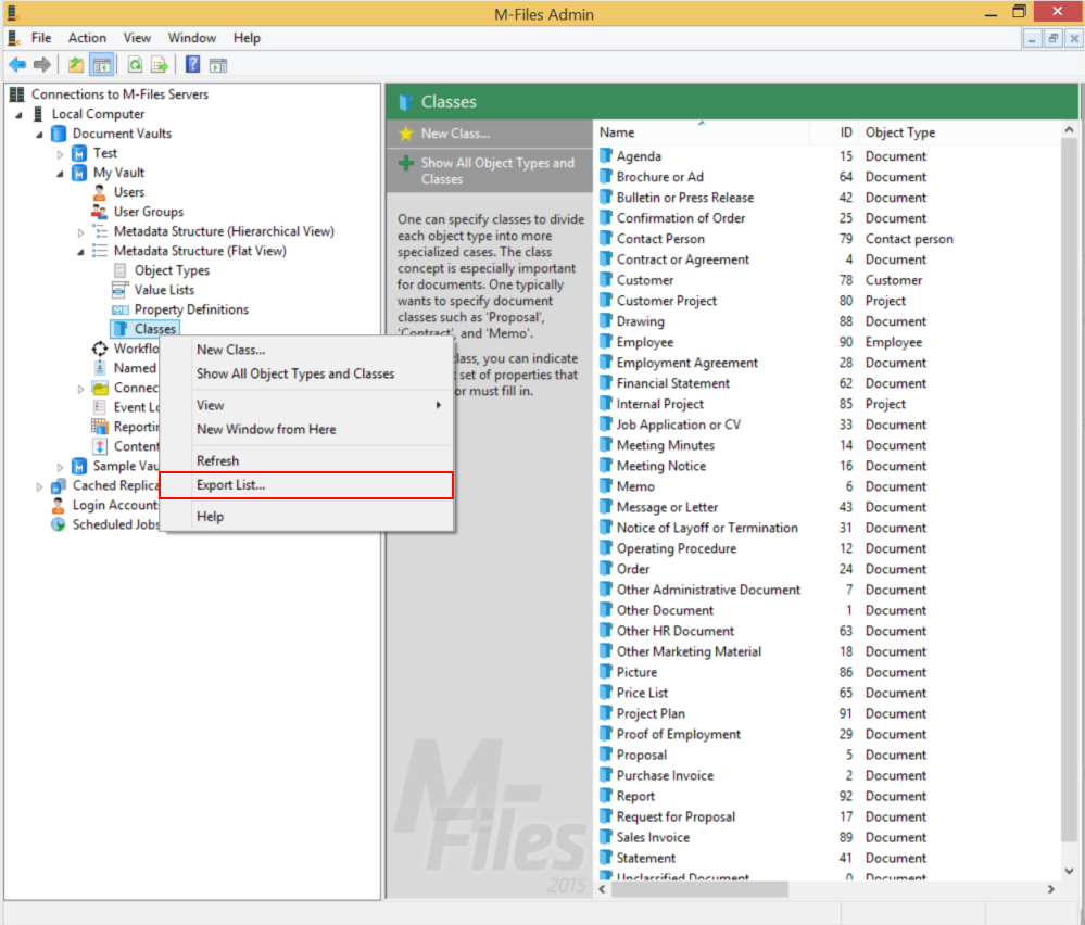 M-Files Screenshot of the Admin Interface 'Export as
List...'
