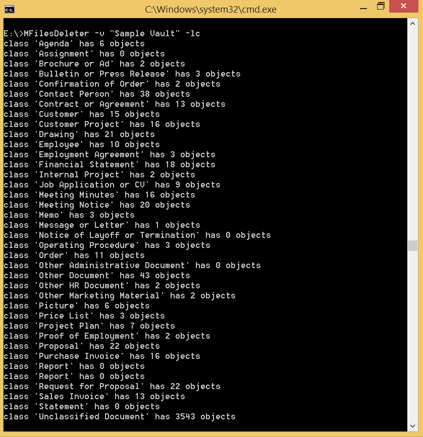 Screenshot of MFilesDeleter listing objects by class
name